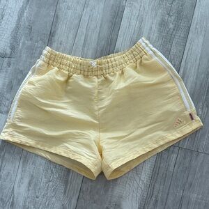 adidas Pastel Yellow Elastic-Waist Athletic Shorts with Side Stripes